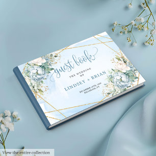 Traditional Boho Dusty Blue Floral Gold Wedding Guest Book