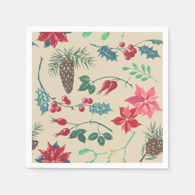 Traditional Botanical Christmas (beige) Paper Napkins (Front)