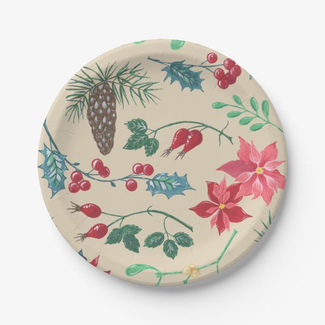 Traditional Botanical Christmas (beige) Paper Plates (Front)
