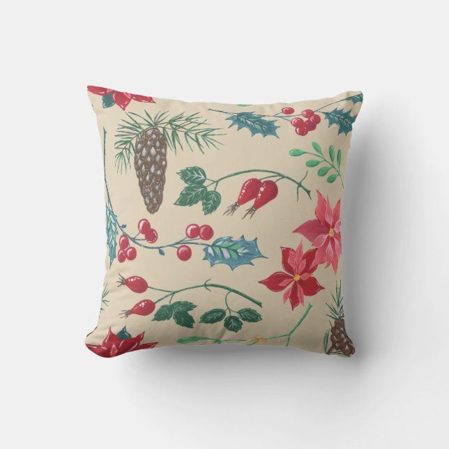 Traditional Botanical Christmas (beige) Throw Pillow (Front)