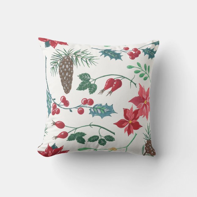 Traditional Botanical Christmas Throw Pillow (Front)