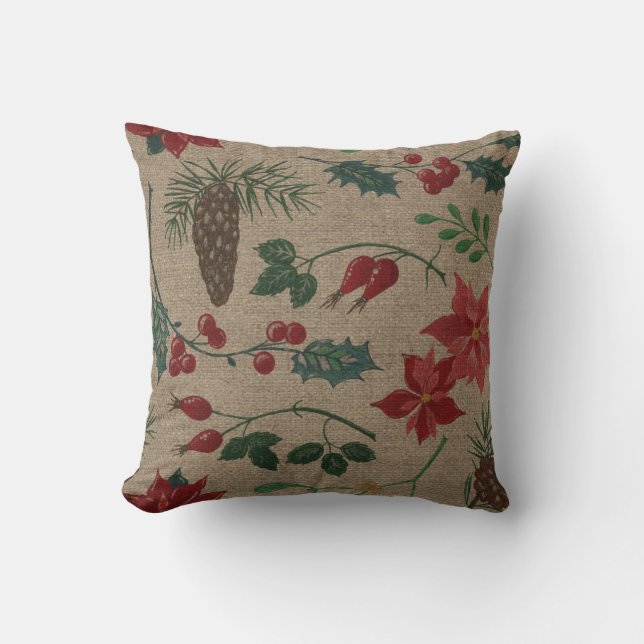 Traditional Botanical Christmas Throw Pillow (Front)