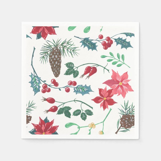 Traditional Botanical Christmas (white) Napkins (Front)