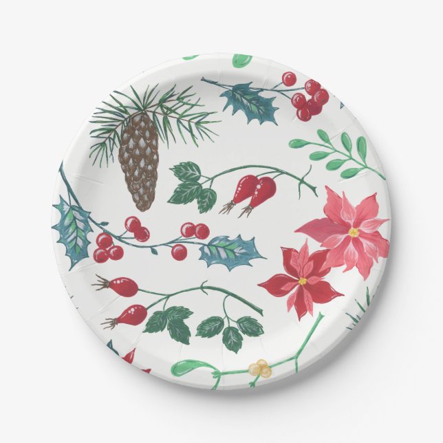 Traditional Botanical Christmas (white) Paper Plates (Front)