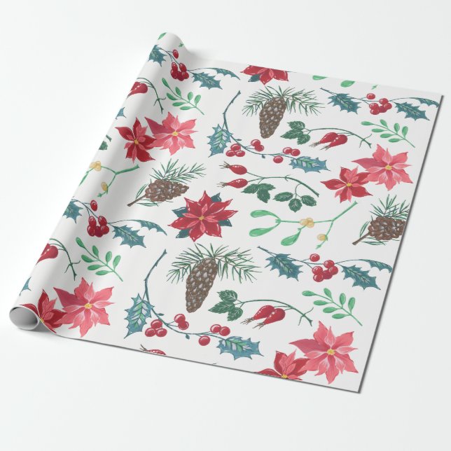 Traditional Botanical Christmas Wrapping Paper (Unrolled)