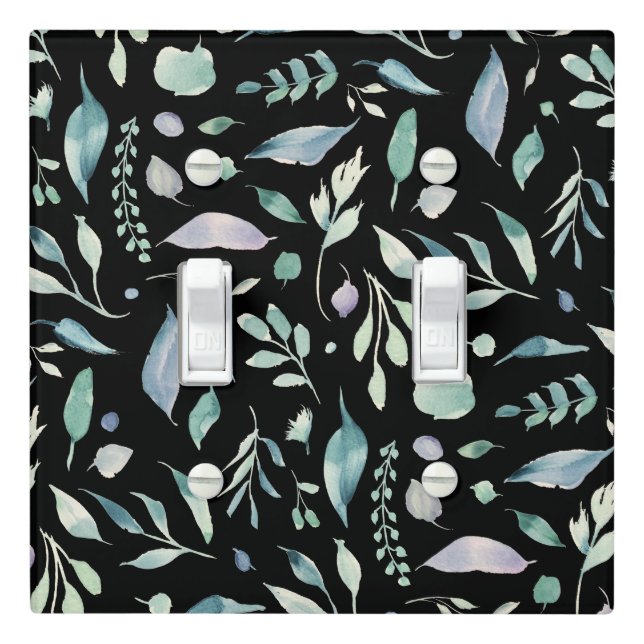 Traditional Botanical Leaf Pattern Blues on Black Light Switch Cover (In Situ)
