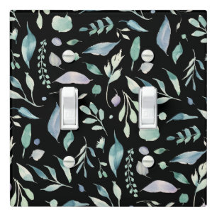 Traditional Botanical Leaf Pattern Blues on Black Light Switch Cover