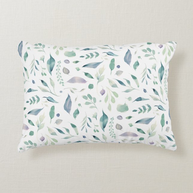 Traditional Botanical Leaf Pattern Blues on White Accent Pillow (Front)