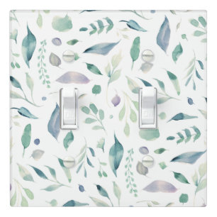 Traditional Botanical Leaf Pattern Blues on White Light Switch Cover