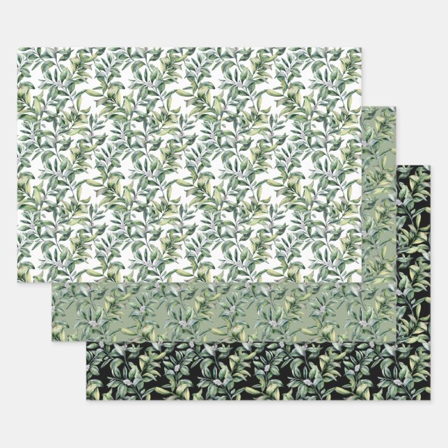Traditional Botanical Pattern - 3 Design Wrapping Paper Sheets (Set)