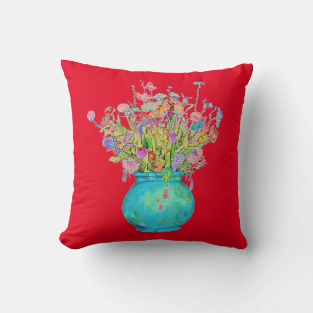 Traditional Bouquet Turquoise  Vase on Red Throw Pillow (Front)