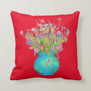 Traditional Bouquet Turquoise Vase on Red Throw Pillow