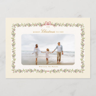 traditional bow christmas botanical 1 photo flat holiday card