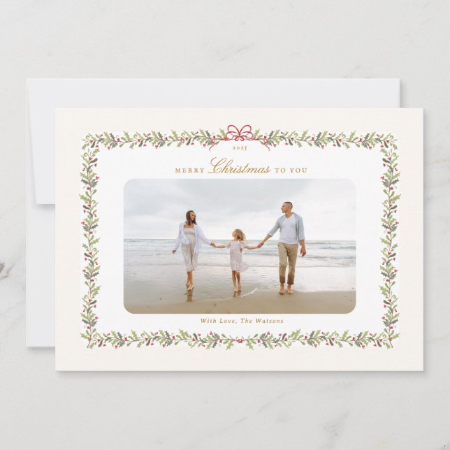 traditional bow christmas botanical photo frame  holiday card (Front)