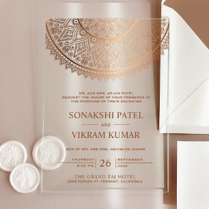 Traditional Bronze Mandala Indian Wedding Acrylic Invitations