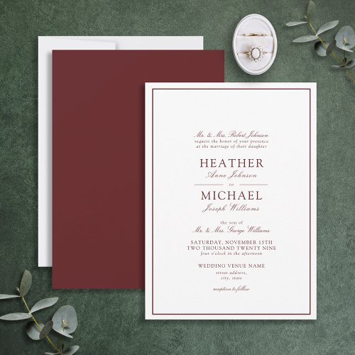 Traditional Burgundy Classic Script Wedding Invitation