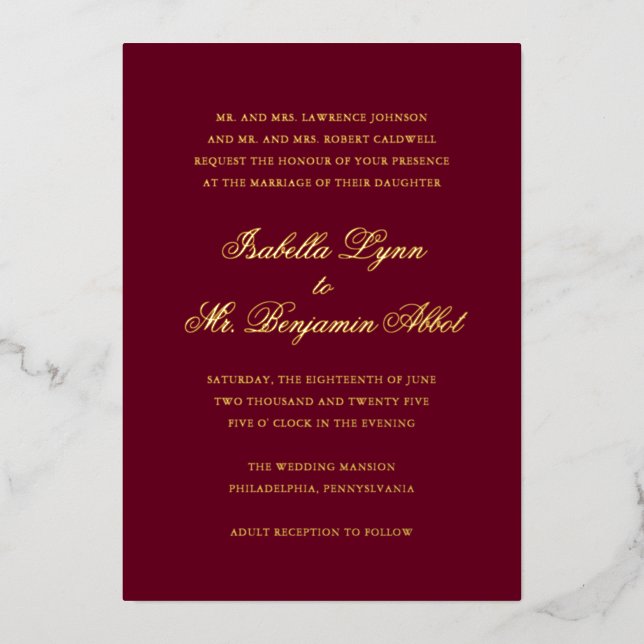 Traditional Burgundy Formal Elegant Wedding Foil Invitation (Front)
