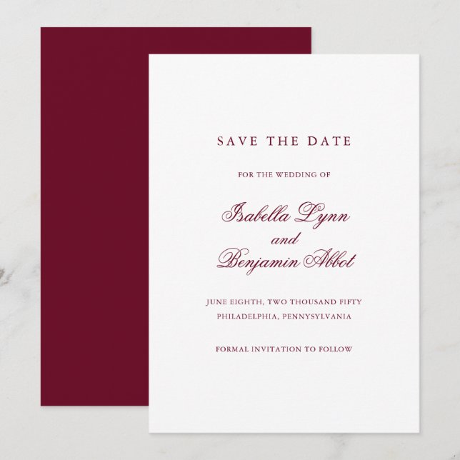 Traditional Burgundy Formal Elegant Wedding Save The Date (Front/Back)