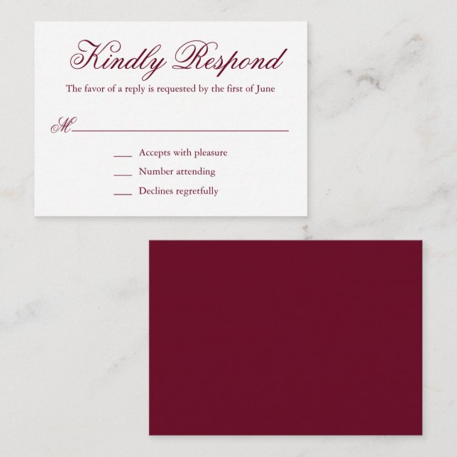 Traditional Burgundy Formal Mini Wedding RSVP Note Card (Front/Back)