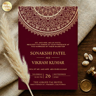 Traditional Burgundy Gold Mandala Indian Wedding Foil Invitation