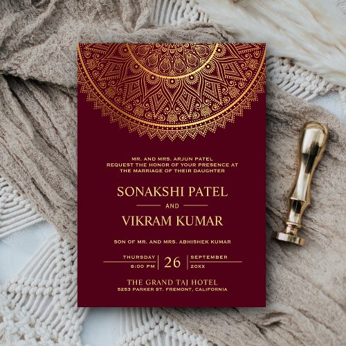 Traditional Burgundy Gold Mandala Indian Wedding Invitation