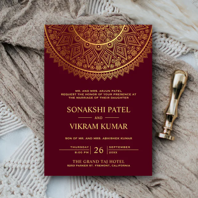 Traditional Burgundy Gold Mandala Indian Wedding Invitation | Zazzle