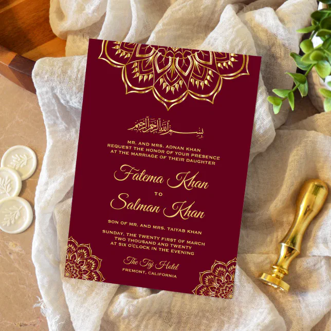 Traditional Burgundy Gold Motif Islamic Wedding Invitation | Zazzle