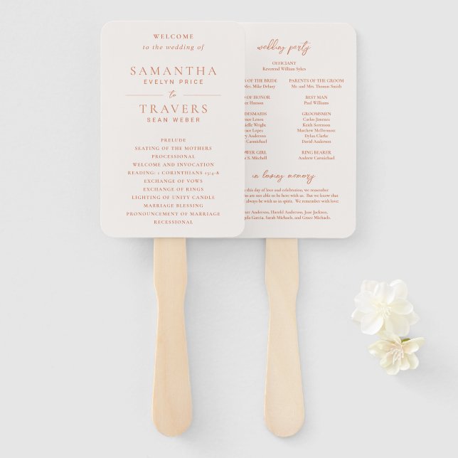Traditional Burnt Orange Elegant Wedding Program Hand Fan (Front and Back)