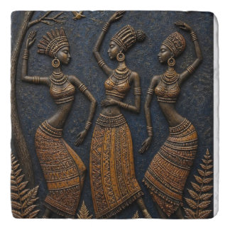 Traditional Carved African Dancers -Ancient Tribal Trivet