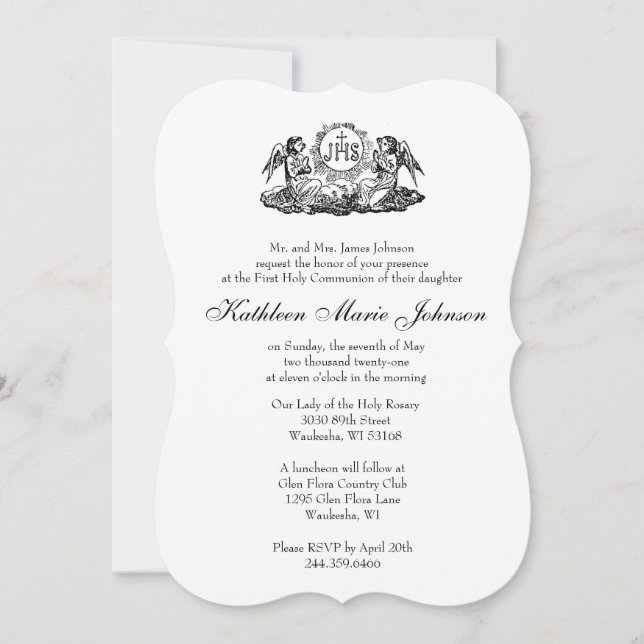 Traditional Catholic Elegant First Holy Communion Invitation (Front)