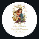 Traditional Catholic First Holy Communion  Classic Classic Round Sticker<br><div class="desc">Personalize our beautiful traditional Catholic First Holy Communion Tie with two angels adoring the Holy Eucharist.  All text and fonts can be modified.</div>