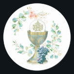 Traditional Catholic First Holy Communion  Classic Classic Round Sticker<br><div class="desc">Beautiful First Holy Communion traditional Catholic Gold Chalice with Eucharist and eucalyptus.</div>