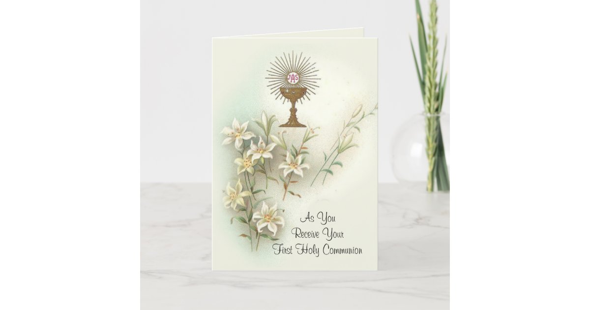 Traditional Catholic First Holy Communion Holiday Card | Zazzle