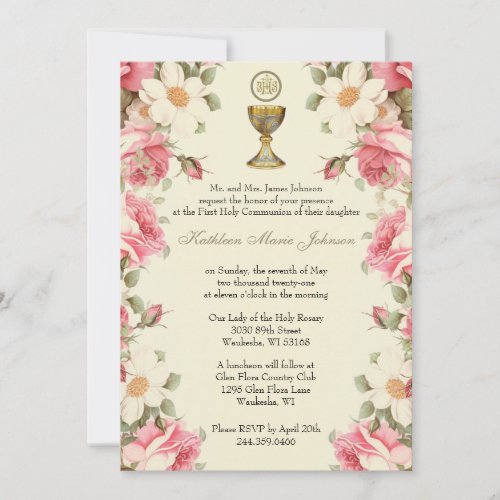 Traditional Catholic Floral First Holy Communion Invitation