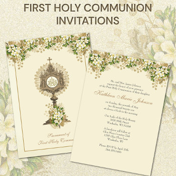 Traditional Catholic Holy Communion Floral Invitation by ShowerOfRoses at Zazzle