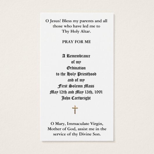TRADITIONAL CATHOLIC PRIEST ORDINATION HOLY CARDS (Back)