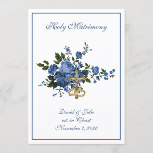 Traditional Catholic Religious Blue Roses Wedding Invitation
