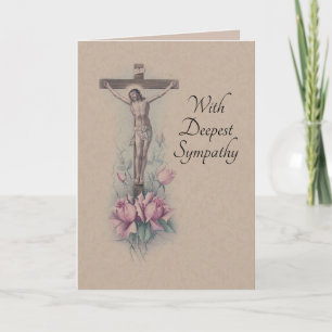 Traditional Catholic Sympathy Pink Roses Crucifix Card