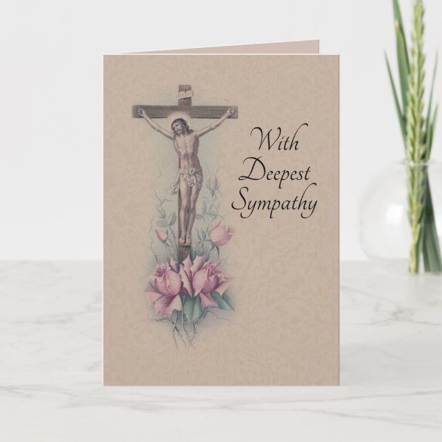Traditional Catholic Sympathy Pink Roses Crucifix Card (Front)