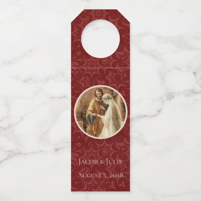 Traditional Catholic Wedding Maroon Damask Bottle Hanger Tag (Front)