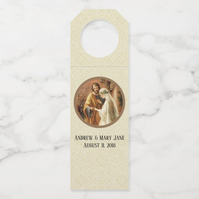 Traditional Catholic Wedding White lace Bottle Hanger Tag (Front)