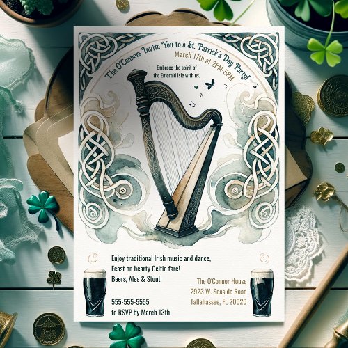 Traditional Celtic Harp St Patricks Day Party Invitation