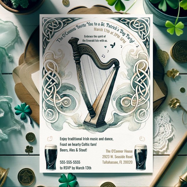 Traditional Celtic Harp St. Patrick's Day Party Invitation (Creator Uploaded)