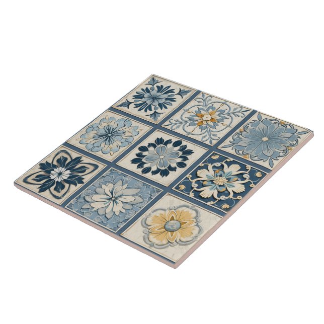Traditional China Blue Ink Flower Art 12 Ceramic Tile (Side)