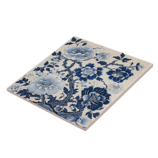 Traditional China Blue Ink Flower Art Ceramic Tile