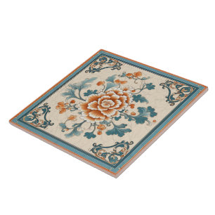 Traditional China Orange Ink Flower Art 1 Ceramic Tile
