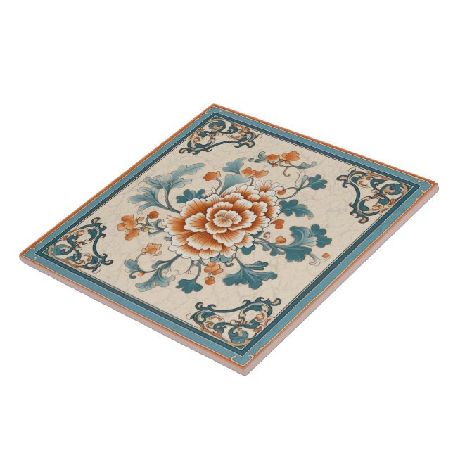 Traditional China Orange Ink Flower Art 1 Ceramic Tile (Side)