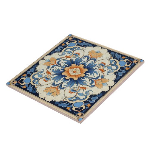 Traditional China Orange Ink Flower Art 2 Ceramic Tile