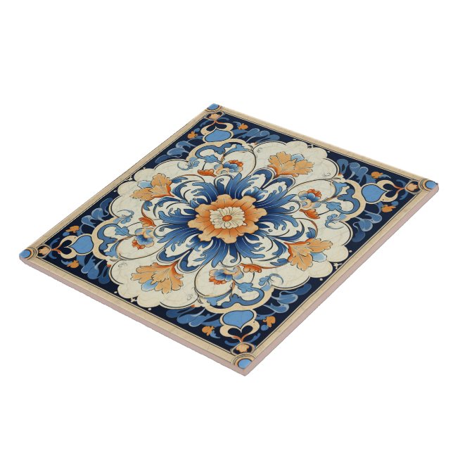 Traditional China Orange Ink Flower Art 2 Ceramic Tile (Side)