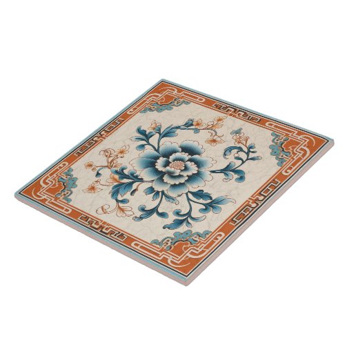 Traditional China Orange Ink Flower Art 3 Ceramic Tile